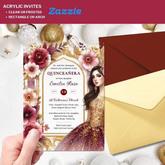 Quinceañera Bourgondië Rood Goud Quince Jurk Bloem Acryl Uitnodigingen