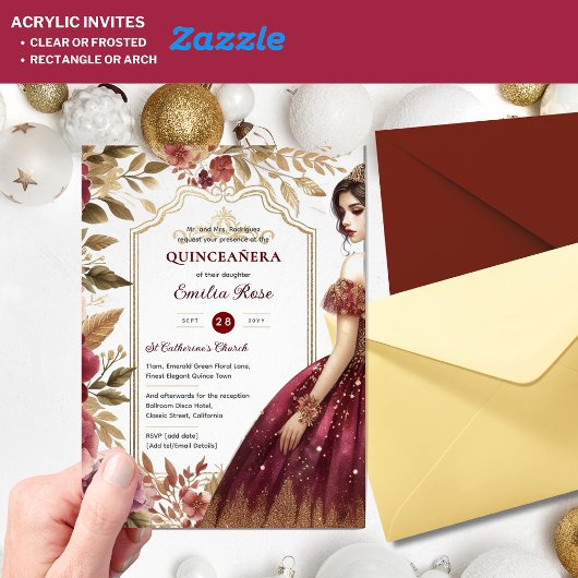 Quinceañera Bourgondië Rood Goud Quince Jurk Bloem Acryl Uitnodigingen