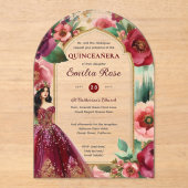 Quinceañera Bourgondië Rood Goud Quince Jurk Bloem Acryl Uitnodigingen (Voorkant)