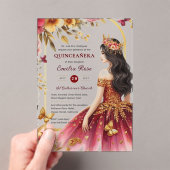 Quinceañera Bourgondië Rood Goud Quince Jurk Bloem Acryl Uitnodigingen (Insitu (Draagbaar))