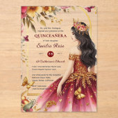 Quinceañera Bourgondië Rood Goud Quince Jurk Bloem Acryl Uitnodigingen (Voorkant)