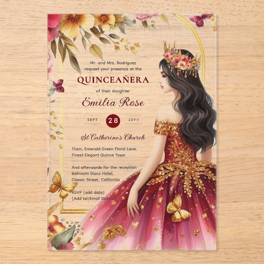 Quinceañera Bourgondië Rood Goud Quince Jurk Bloem Acryl Uitnodigingen (Voorkant)