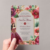 Quinceañera Bourgondië Rood Goud Quince Jurk Bloem Acryl Uitnodigingen (Insitu (Draagbaar))