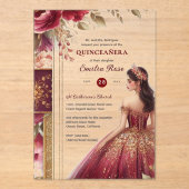 Quinceañera Bourgondië Rood Gouden Quince Jurk Blo Acryl Uitnodigingen (Voorkant)