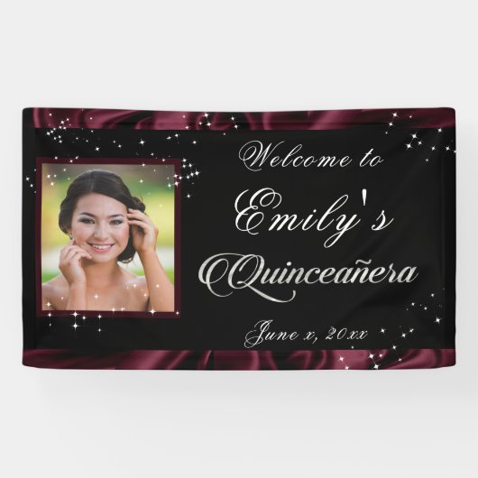 Quinceanera Bourgondië Satin Ribbon Shining Stars, Spandoek (Horizontaal)