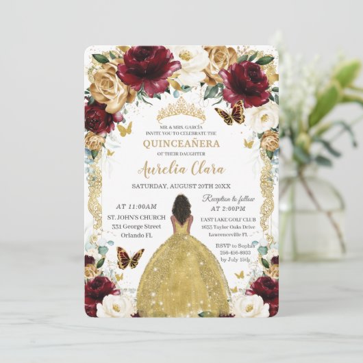Quinceañera Bourgondië Wit Goud Bloemen Bruin Meis Kaart (Staand voorkant)