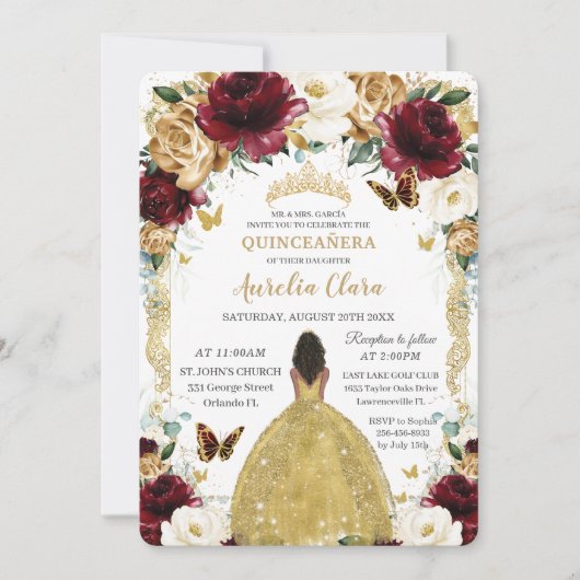 Quinceañera Bourgondië Wit Goud Bloemen Bruin Meis Kaart (Voorkant)