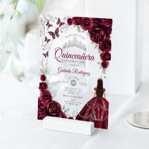 Quinceanera Bourgondië Zilver Bloem Acryl Uitnodigingen