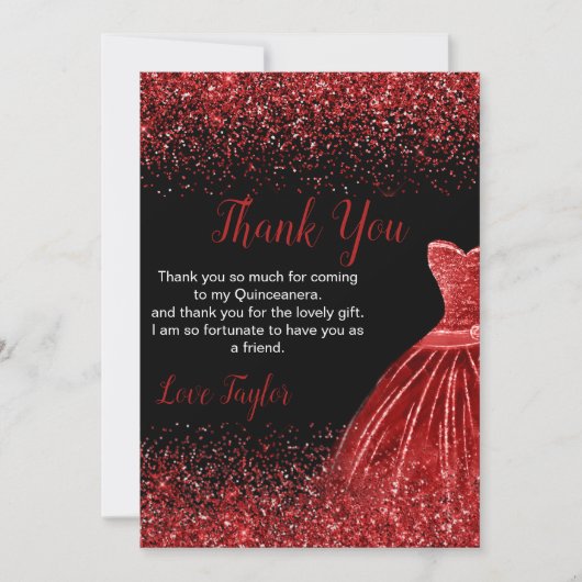 Quinceanera Bright Red Dress Faux Glitter Bedankkaart (Voorkant)