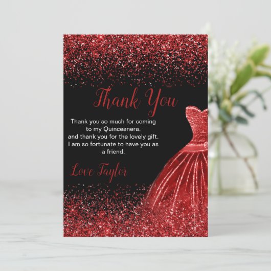Quinceanera Bright Red Dress Faux Glitter Bedankkaart (Staand voorkant)
