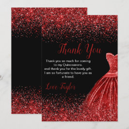Quinceanera Bright Red Dress Faux Glitter Bedankkaart