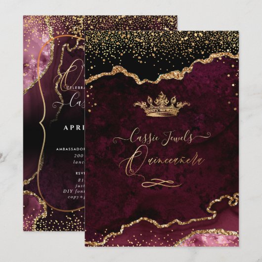 Quinceanera, Burgundy Agate Faux Gold Confetti Kaart (Voorkant / Achterkant)