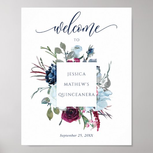 Quinceañera Burgundy, Berry & Blue Welcome Sign Poster (Voorkant)