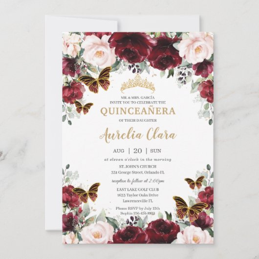 Quinceañera Burgundy Blush Bloemrijke Gouden Vlind Kaart (Voorkant)