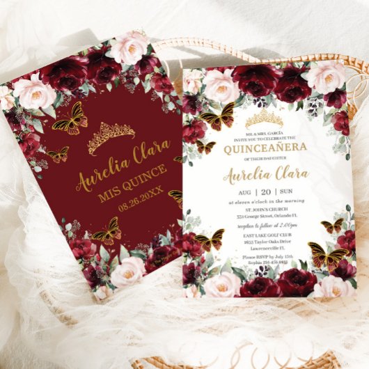 Quinceañera Burgundy Blush Bloemrijke Gouden Vlind Kaart