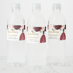 Quinceañera Burgundy Blush Floral Birthday Favor Waterfles Etiket