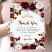 Quinceañera Burgundy Blush Floral Butterflies Bedankkaart