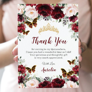 Quinceañera Burgundy Blush Floral Butterflies Bedankkaart