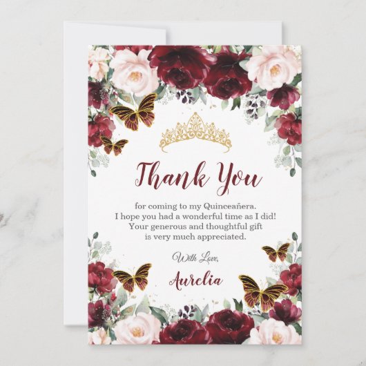 Quinceañera Burgundy Blush Floral Butterflies Bedankkaart (Voorkant)