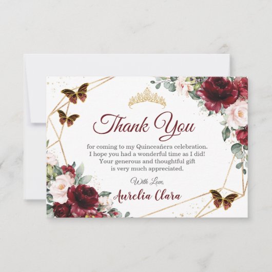 Quinceañera Burgundy Blush Floral Butterflies Bedankkaart (Voorkant)