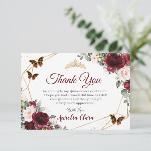 Quinceañera Burgundy Blush Floral Butterflies Bedankkaart (Staand voorkant)