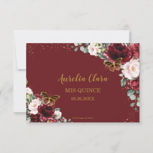 Quinceañera Burgundy Blush Floral Butterflies Bedankkaart (Achterkant)