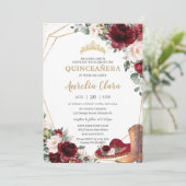 Quinceañera Burgundy Blush Floral Charro Pet Boot Kaart (Staand voorkant)