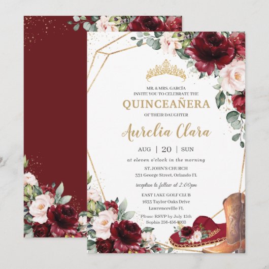 Quinceañera Burgundy Blush Floral Charro Pet Boot Kaart (Voorkant / Achterkant)