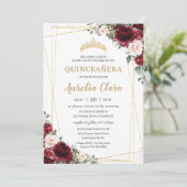 Quinceañera Burgundy Blush Floral Geometric Gold Kaart (Staand voorkant)