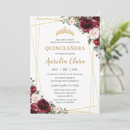 Quinceañera Burgundy Blush Floral Geometric Gold Kaart (Staand voorkant)