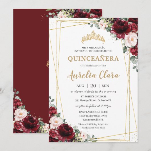 Quinceañera Burgundy Blush Floral Geometric Gold Kaart (Voorkant / Achterkant)