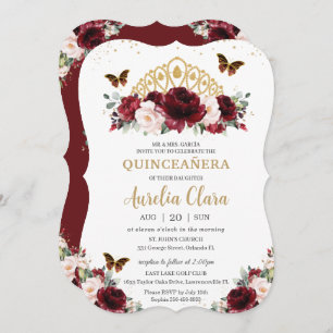 Quinceañera Burgundy Blush Floral Gold Crown Kaart