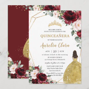 Quinceañera Burgundy Blush Floral Gold Dress Crown Kaart