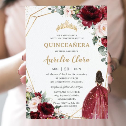 Quinceañera Burgundy Blush Floral Gold Princess Kaart