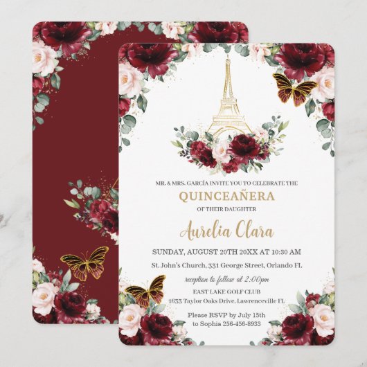 Quinceañera Burgundy Blush Floral Paris Butterfly Kaart (Voorkant / Achterkant)
