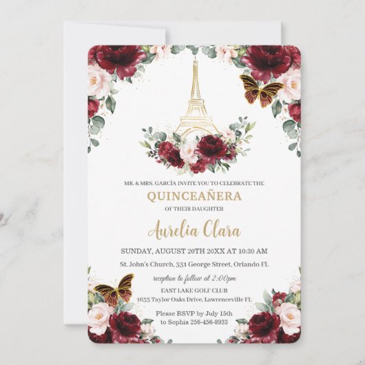 Quinceañera Burgundy Blush Floral Paris Butterfly Kaart (Voorkant)