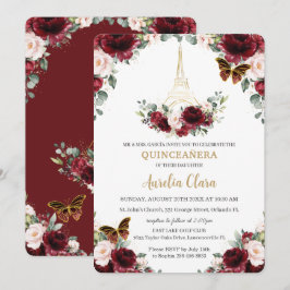 Quinceañera Burgundy Blush Floral Paris Butterfly Kaart