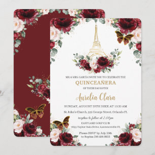 Quinceañera Burgundy Blush Floral Paris Butterfly Kaart