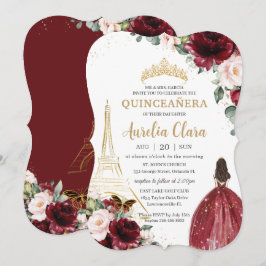 Quinceañera Burgundy Blush Floral Paris Gold Crown Kaart