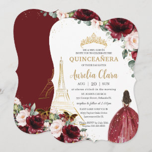 Quinceañera Burgundy Blush Floral Paris Gold Crown Kaart