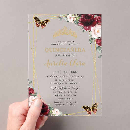 Quinceañera Burgundy Blush Floral Princess Tiara Acryl Uitnodigingen (Insitu (Draagbaar))