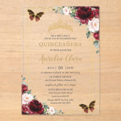 Quinceañera Burgundy Blush Floral Princess Tiara Acryl Uitnodigingen (Voorkant)