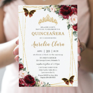 Quinceañera Burgundy Blush Floral Princess Tiara Kaart