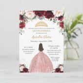 Quinceañera Burgundy Blush Floral Roos Gold Dress Kaart (Staand voorkant)