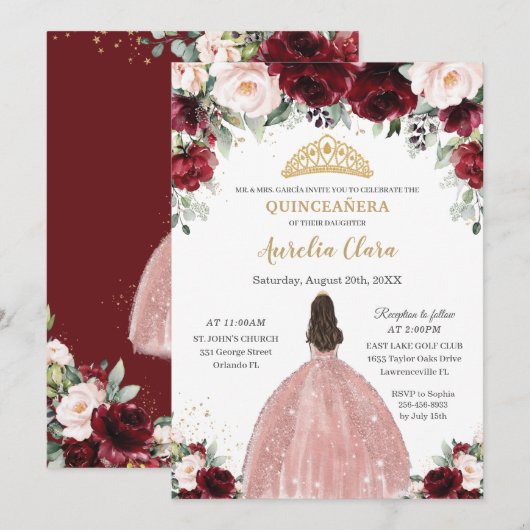 Quinceañera Burgundy Blush Floral Roos Gold Dress Kaart (Voorkant / Achterkant)