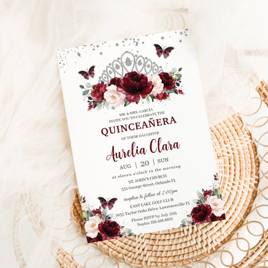 Quinceañera Burgundy Blush Floral Silver Crown Kaart