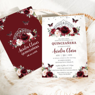Quinceañera Burgundy Blush Floral Silver Crown Kaart