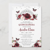 Quinceañera Burgundy Blush Floral Silver Crown Kaart (Voorkant)