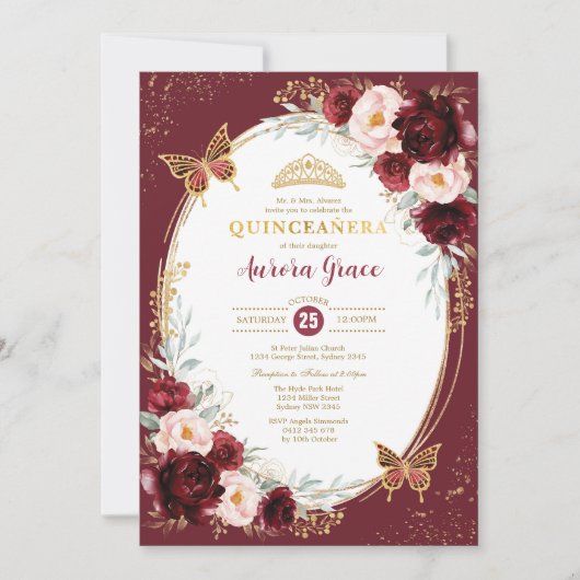Quinceañera Burgundy Blush Flower Butterflies Kaart (Voorkant)