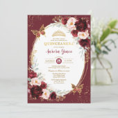 Quinceañera Burgundy Blush Flower Butterflies Kaart (Staand voorkant)